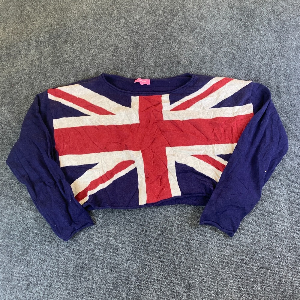 Edikted Sweater Womens XS Royal Blue Good Union Jack Flag Cropped Pullover